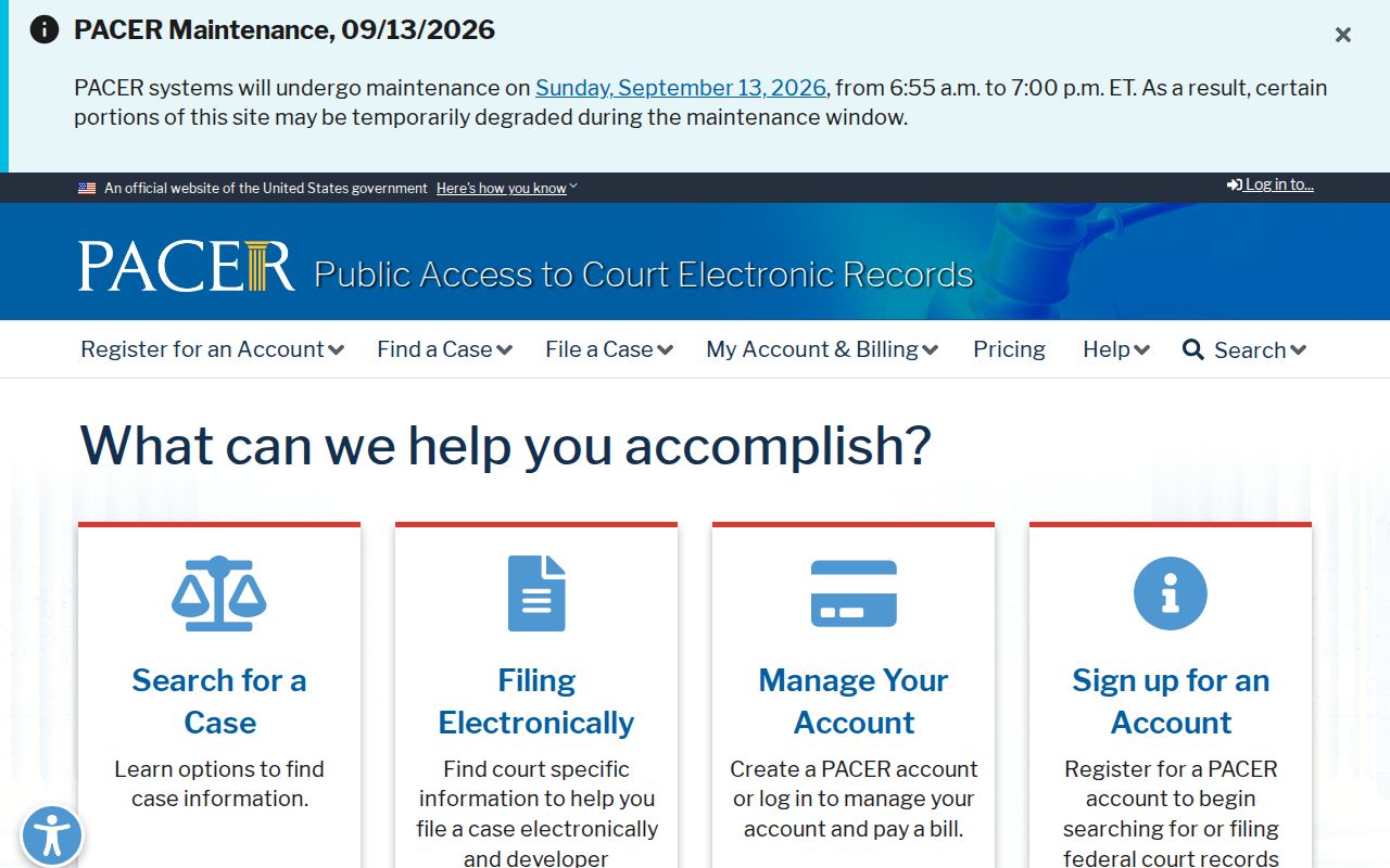 Official PACER federal court access information