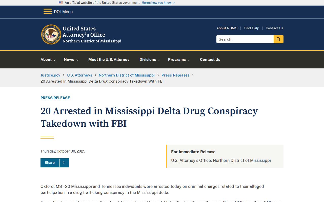 Dated official federal enforcement release for Mississippi Delta context